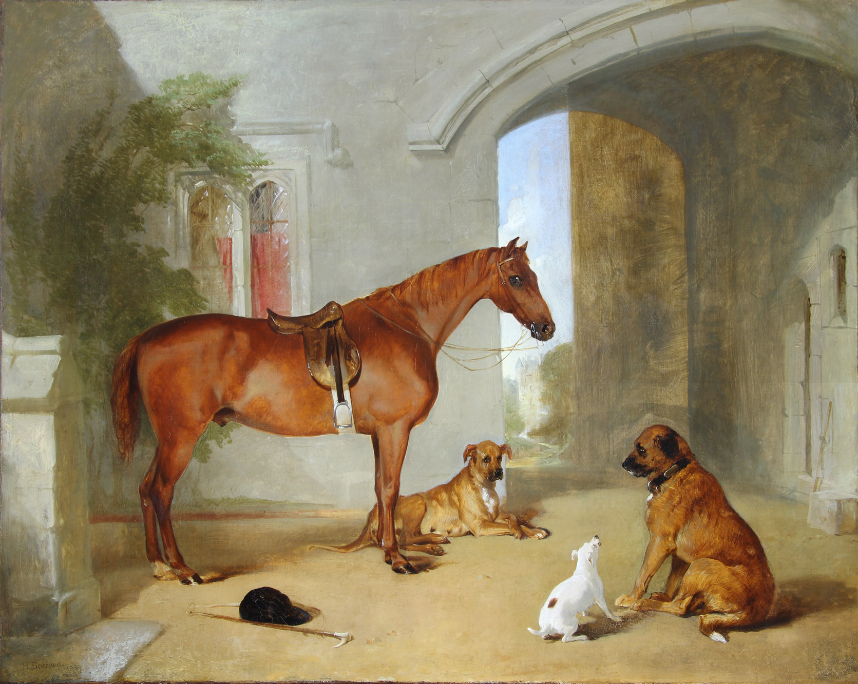 BARRAUD, Henry 'A BAY HUNTER AND THREE DOGS IN A COURTYARD'