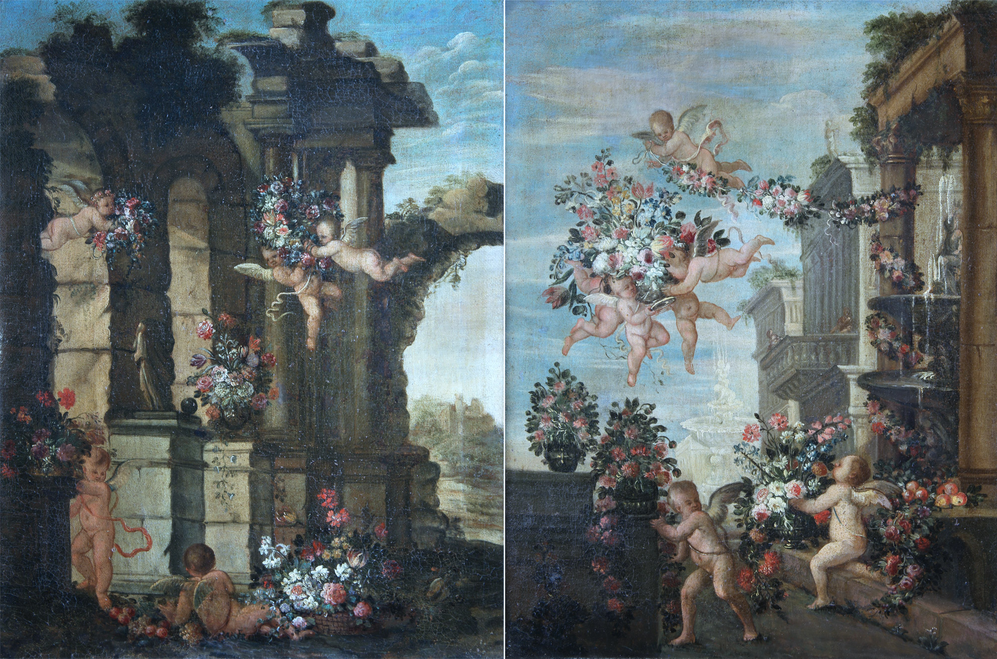 ANONIMO 'ANGELITOS CON FLORES Y RUINAS' 