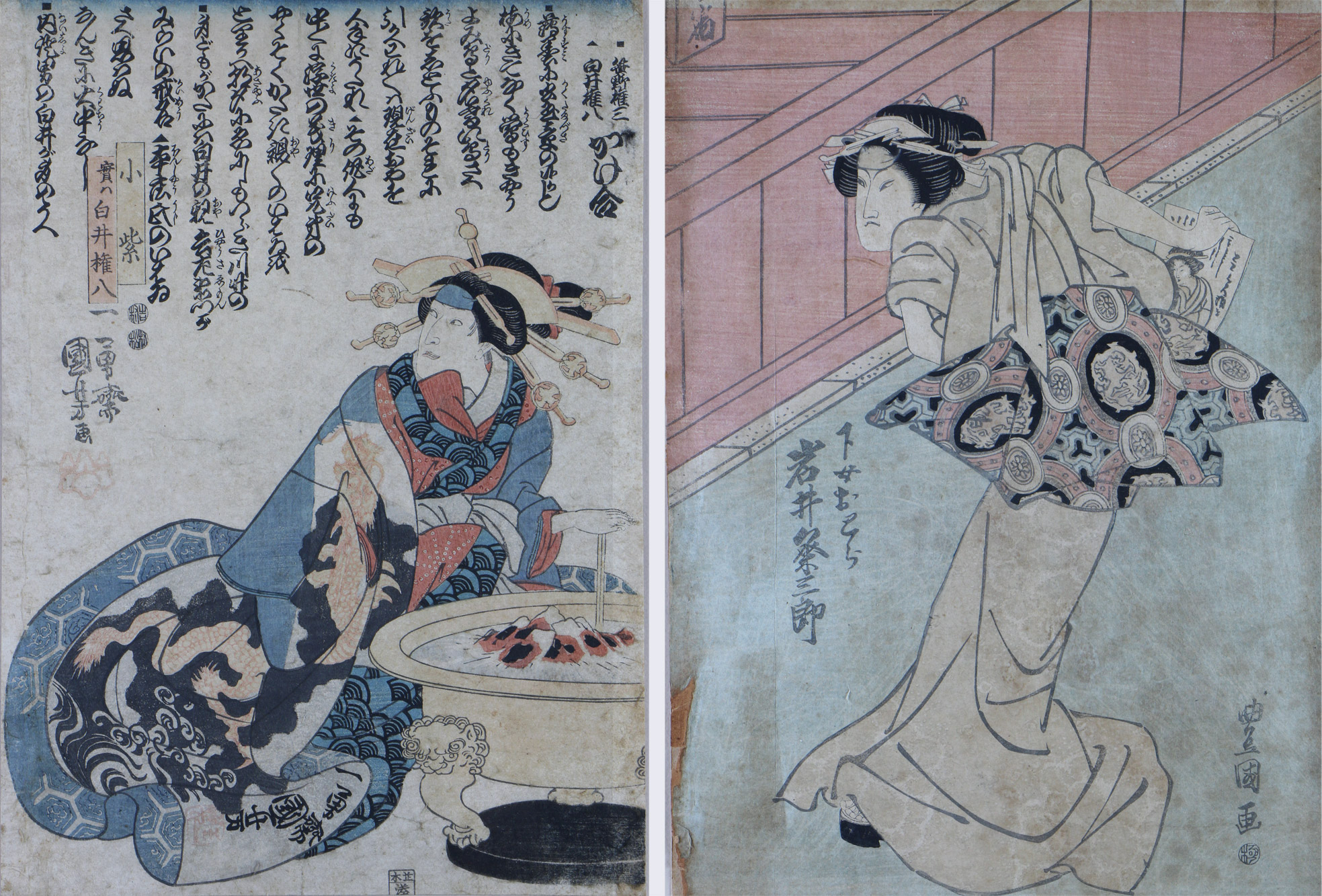  DOS ANTIGUOS KAKEMONOS JAPONESES SOBRE PAPEL DE SEDA.