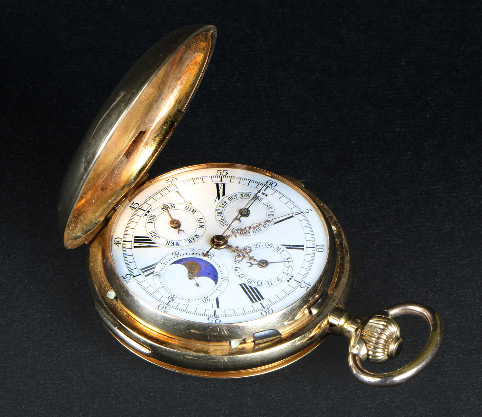 ANTIGUO RELOJ DE ORO DE BOLSILLO CON FASE LUNAR. ANTIGUO RELOJ DE ORO DE BOLSILLO CON FASE LUNAR.