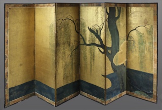 Lote 223: ANTIGUO BIOMBO JAPONES FORMADO POR SEIS HOJAS. ANTIGUO BIOMBO JAPONES FORMADO POR SEIS HOJAS.