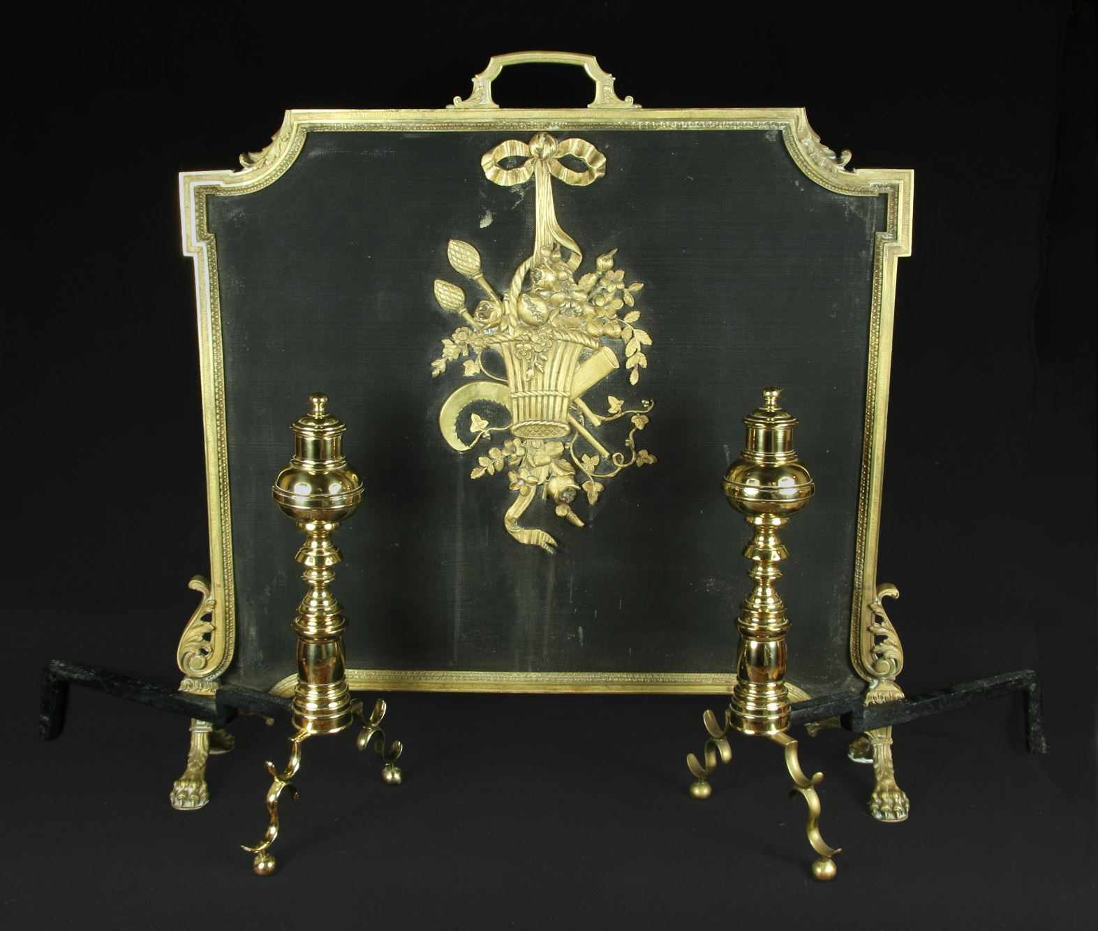  FRENTE Y PAR DE CHENETS DE BRONCE FRANCES PARA CHIMENEA.