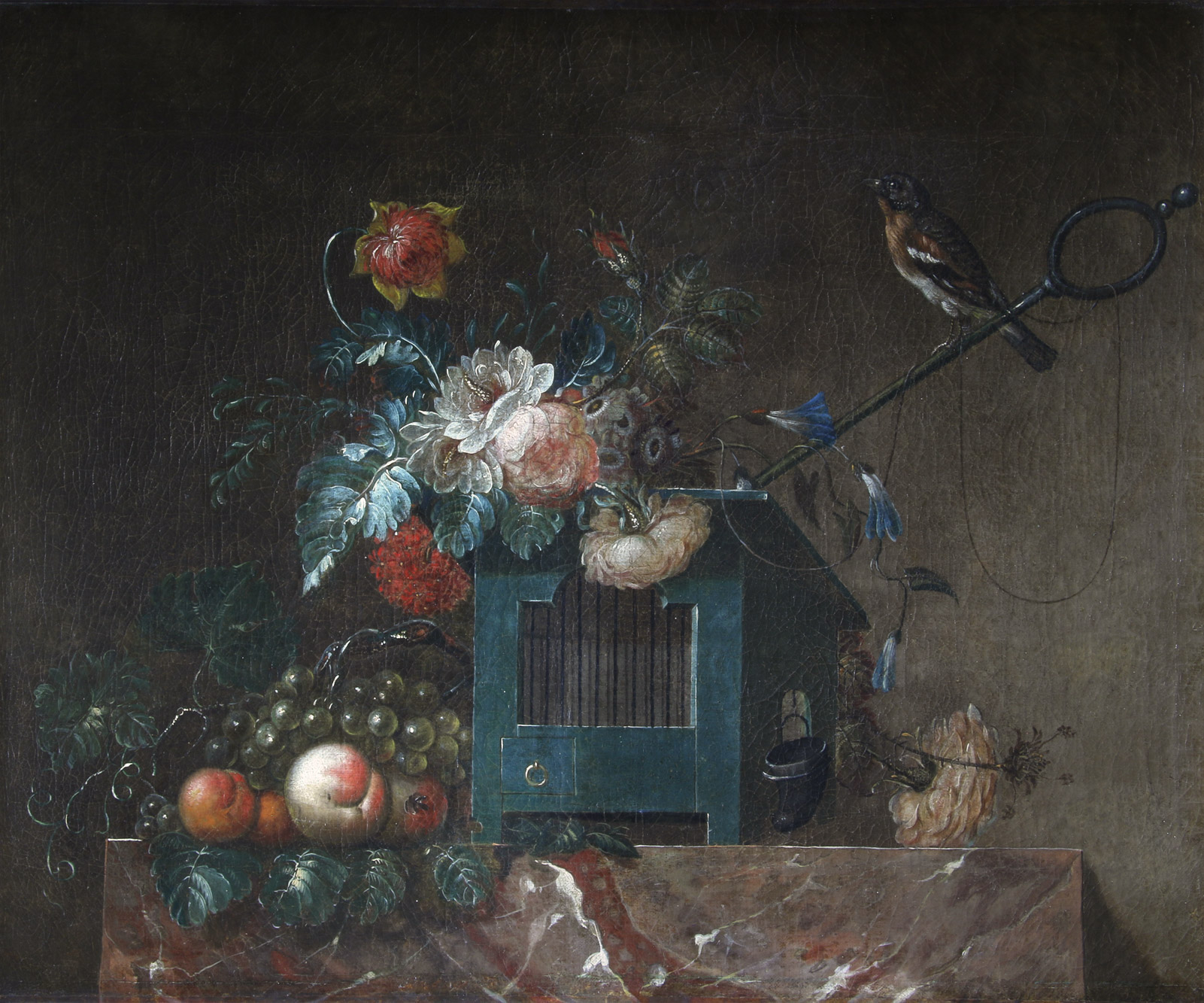 ANONIMO 'FLORES , FRUTOS Y PEQUEÑA AVE FUERA DE SU JAULA'