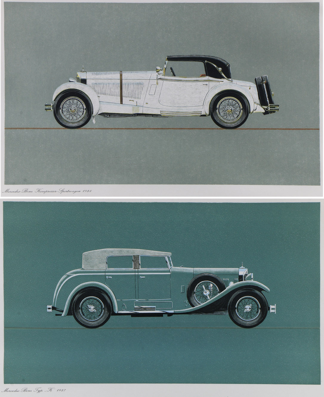 PAR DE REPRODUCCIONES EN COLORES DE AUTOS ANTIGUOS. PAR DE REPRODUCCIONES EN COLORES DE AUTOS ANTIGUOS.