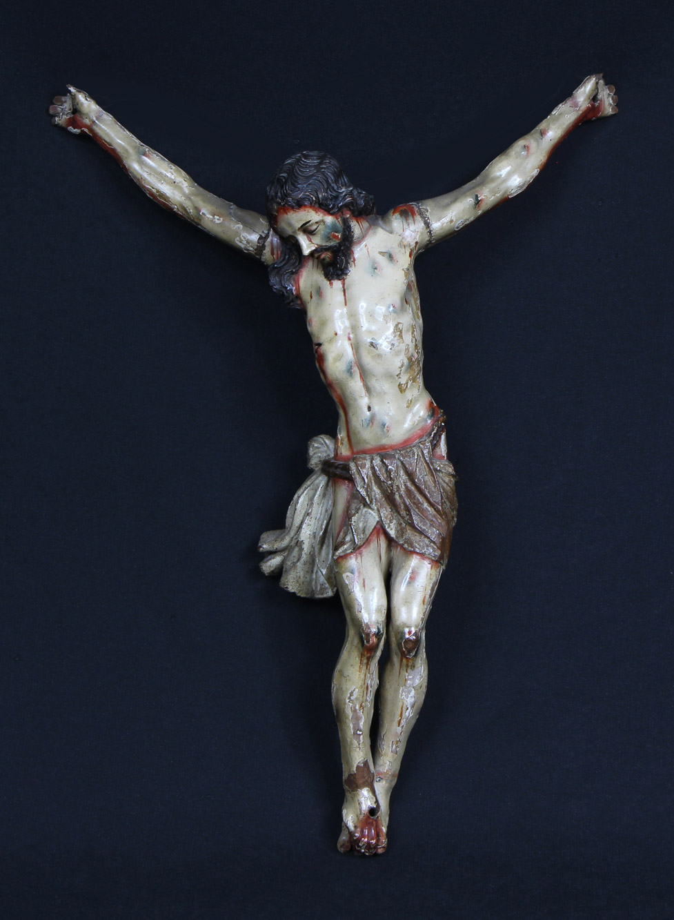  ANTIGUO CRISTO COLONIAL AMERICANO DE MADERA ESTUCADA.