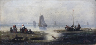 Lote 149: TÖKES, Alexander 'PAISAJE COSTERO CON VELEROS Y PESCADORES'